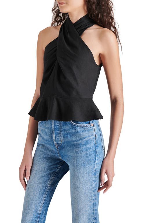 Shop Steve Madden Kosta Crossover Peplum Cotton & Linen Top In Black