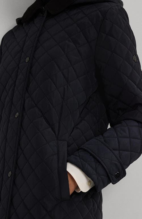 Shop Lauren Ralph Lauren Quilted Hooded Long Coat In Dark Navy