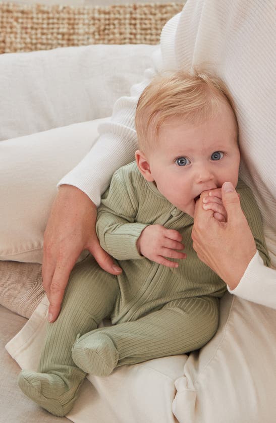 Mori Rib Fitted One-piece Footie Pajamas In Ribbed Sage