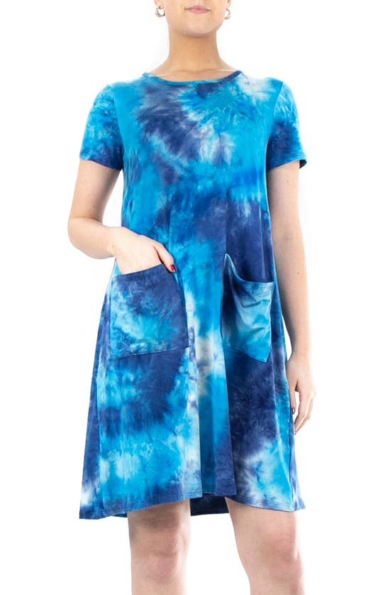 Nina Leonard Scoop Neck Tie-dye Print Dress In Blue Multi