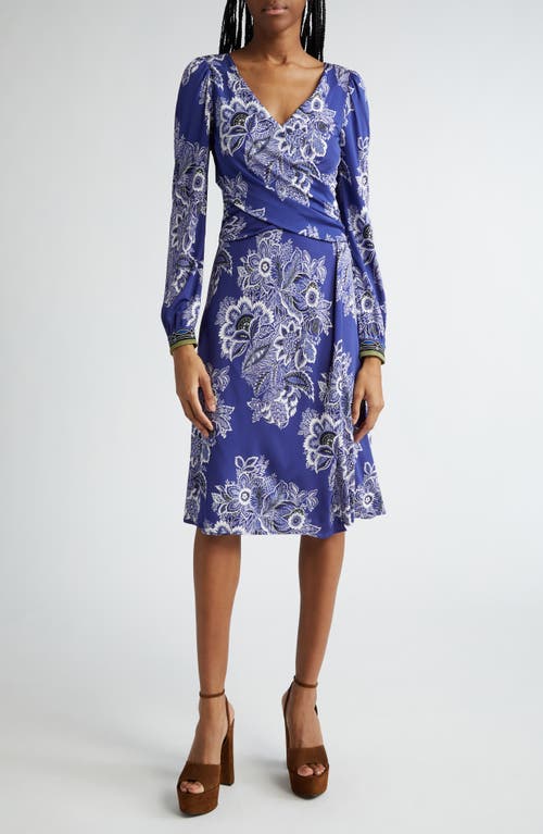 Etro Floral Wrap Bodice Long Sleeve Dress in Print On Blue Base at Nordstrom, Size 0 Us