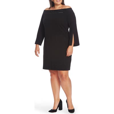 Plus Size Vince Camuto Embellished Off The Shoulder Long Sleeve Dress, Black