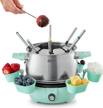 Dash Deluxe Stainless Steel Fondue Maker w/ Temperature Control Fondue Fork  NEW