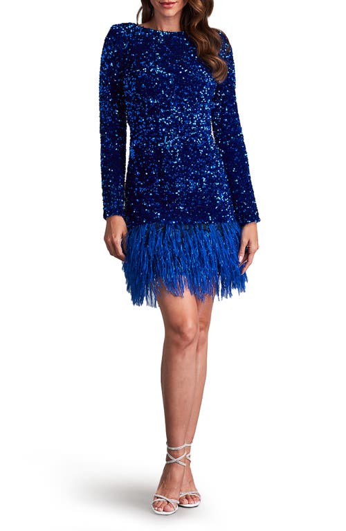 Sequin Feather Trim Long Sleeve Cocktail Dress in Neon Blue