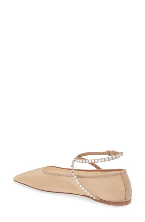 Shop Amina Muaddi Ane Ankle Strap Mesh Flat In Latte/crystal