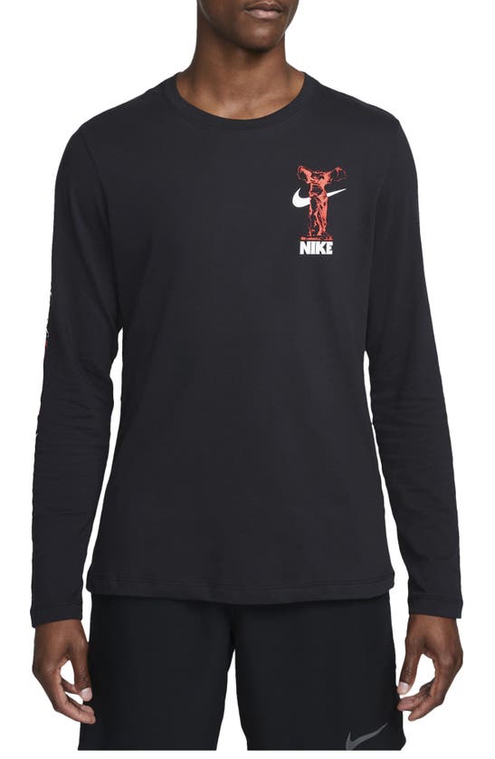 Nike Temple Of Fitness Dri-fit Long Sleeve Graphic Tee In Black