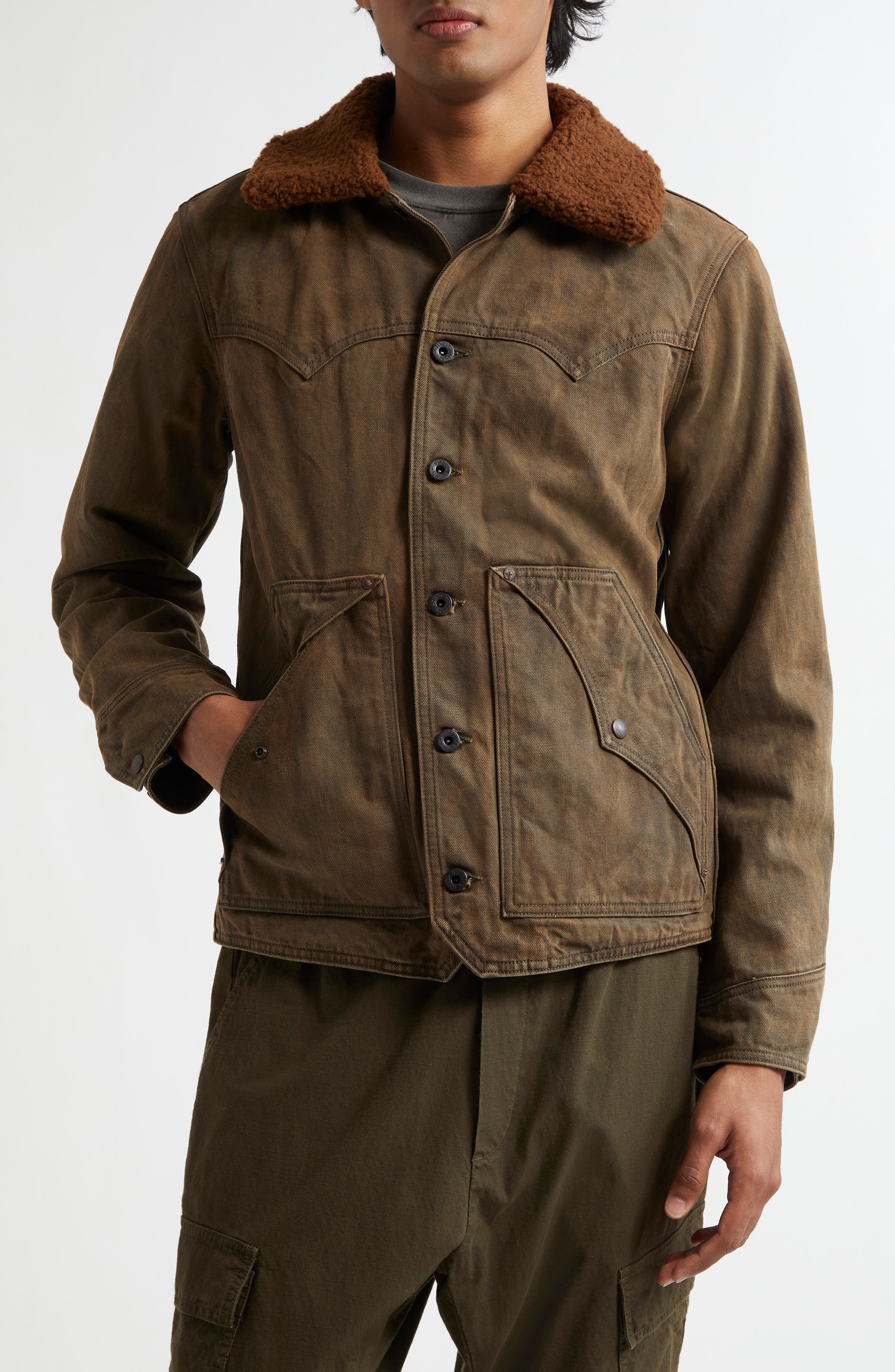 Double RL Halkirk Fleece Collar Denim Jacket in Distressed Brown Wash 