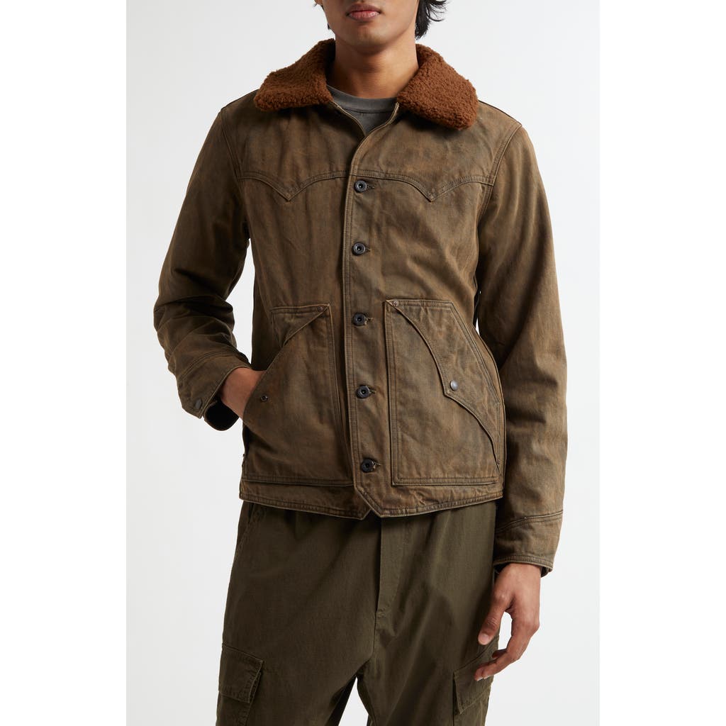Double RL Halkirk Fleece Collar Denim Jacket in Distressed Brown Wash