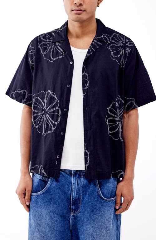 Stitch Floral Cotton Camp Shirt in Black