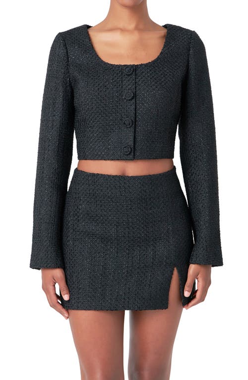 Endless Rose Long Sleeve Tweed Crop Top In Black