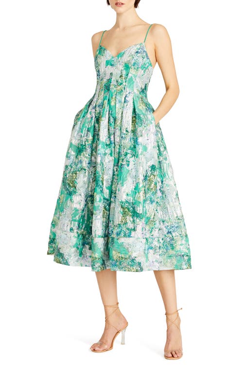 ML Monique Lhuillier Sage Floral Jacquard A-Line Dress in Green Lakes