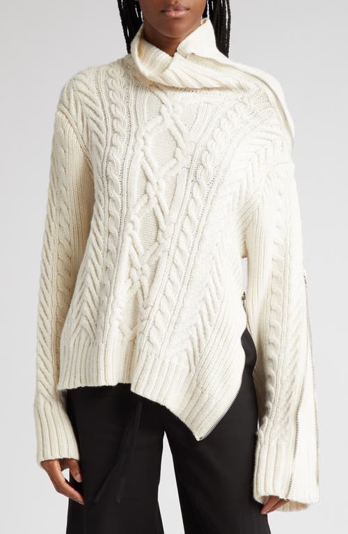 Cable Zip Detail Merino Wool Turtleneck Sweater in Ivory