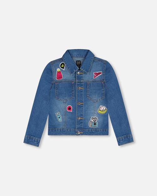 Deux Par Deux Girl's Jean Jacket With Funny Patches in Blue Denim at Nordstrom