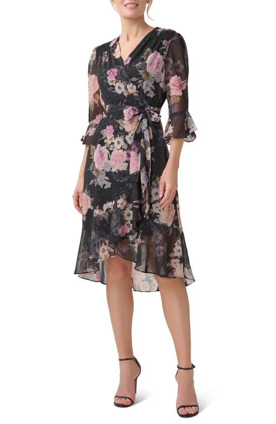 Adrianna Papell Floral Print Faux Wrap Chiffon Dress In Black Multi ...