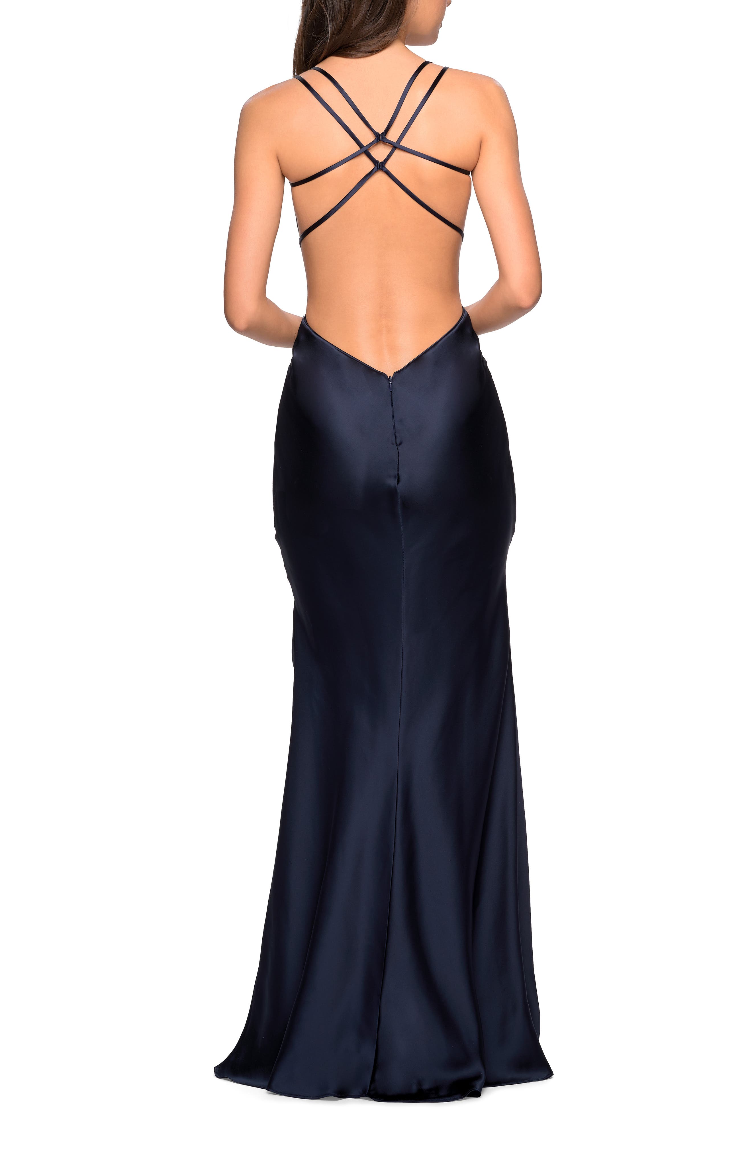 la femme strappy back fitted satin evening dress