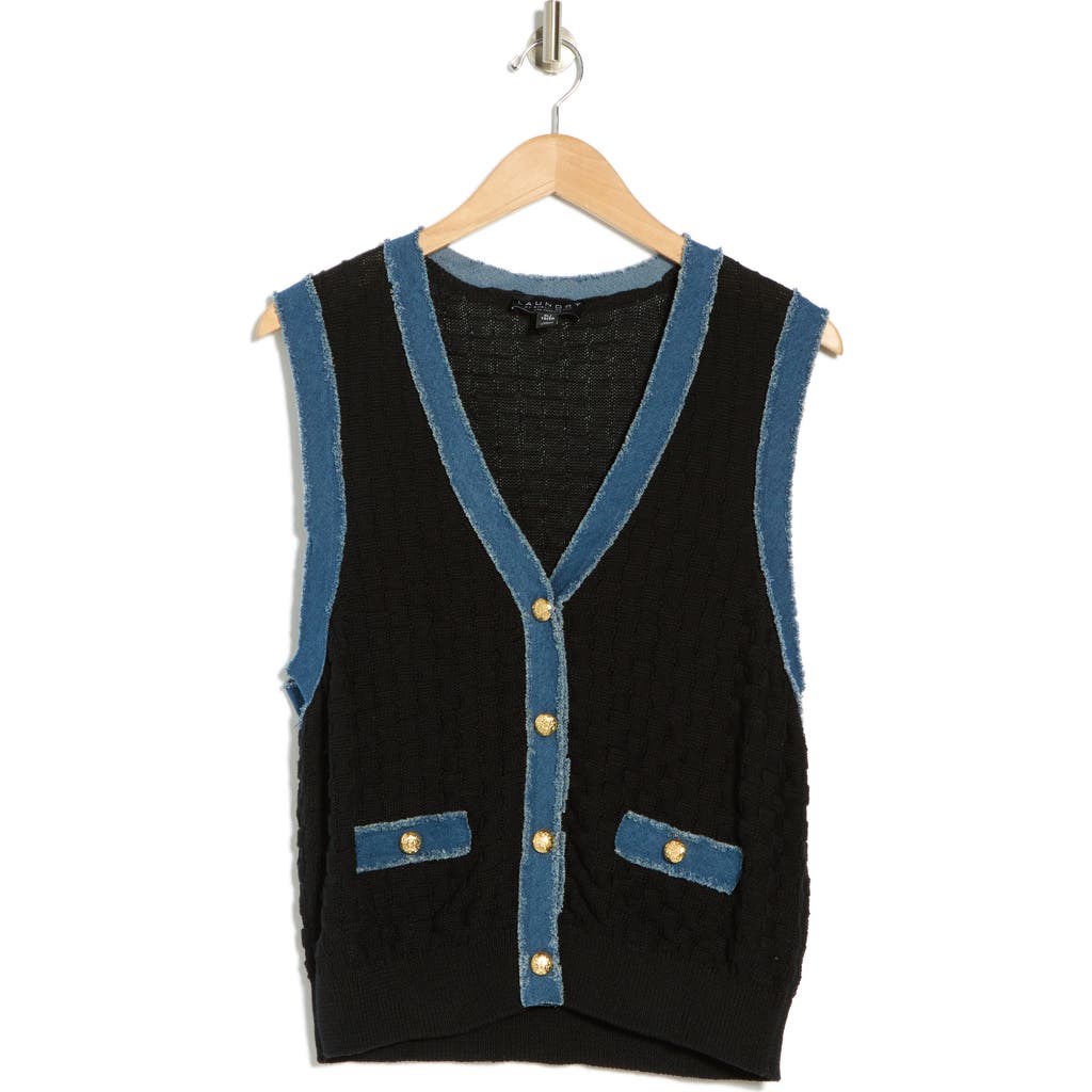 Laundry By Shelli Segal V-neck Pointelle Denim-trim Sweater Vest In Black