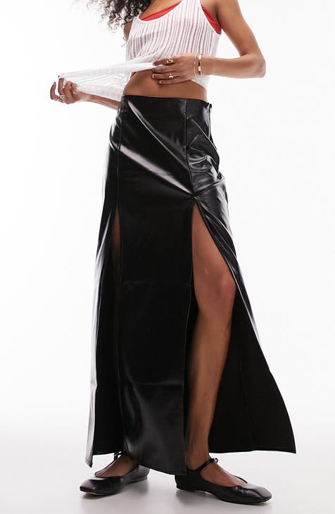 Double Slit Faux Leather Maxi Skirt