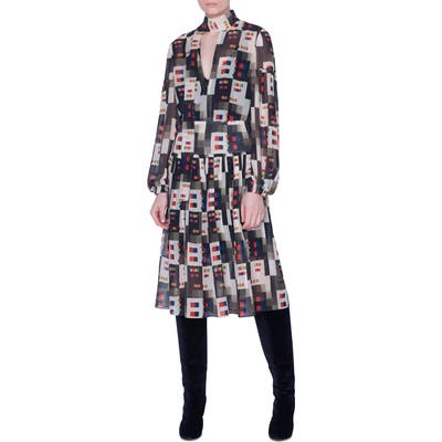 Akris Colorama Print Long Sleeve Silk Midi Dress, White