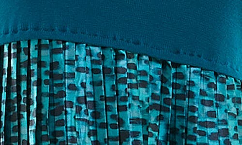 Nina Leonard Long Sleeve Mixed Media Dress In Teal Multi