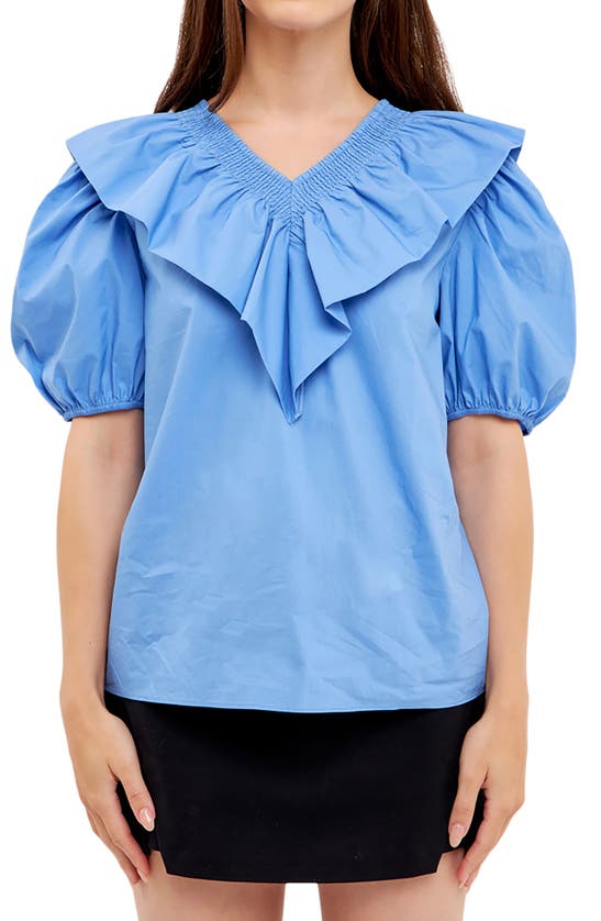 English Factory Smocked Ruffle Puff Sleeve Cotton Blouse In Oxford Blue