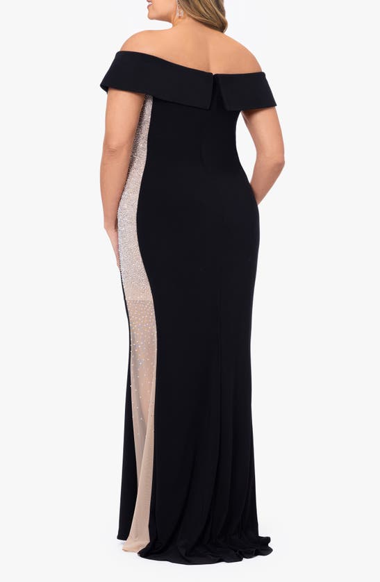 Shop Xscape Evenings Caviar Beaded Off The Shoulder Gown In Black/ Beige/ Silver