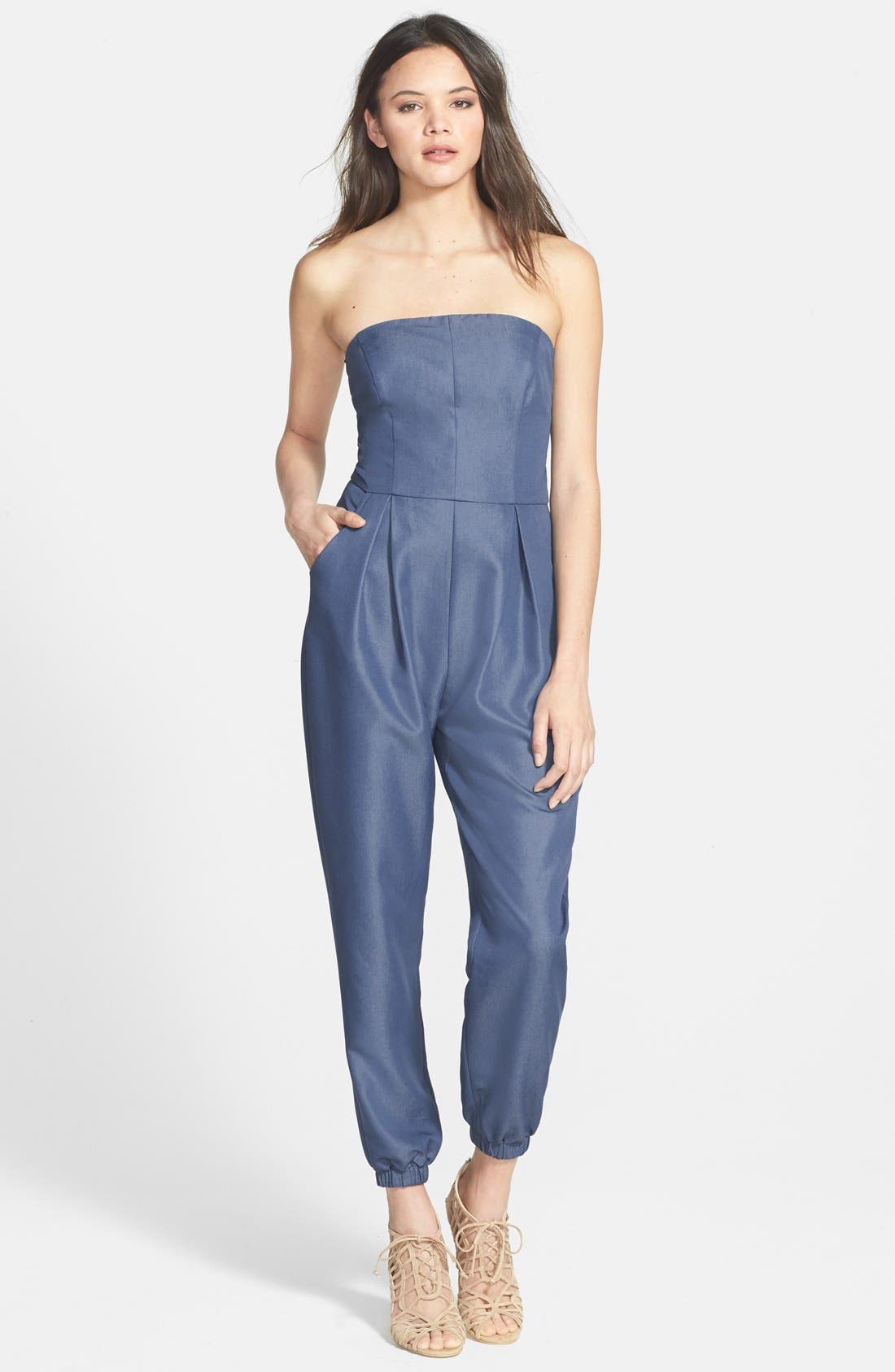 One Clothing Strapless Chambray Jumpsuit (Juniors) Nordstrom