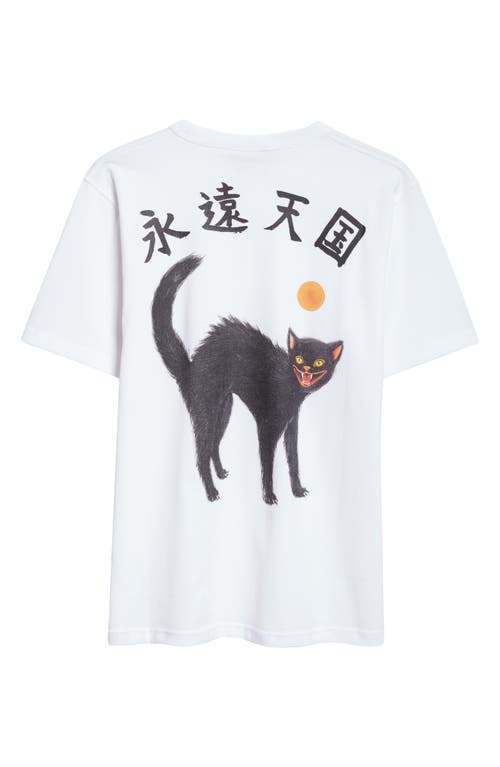 Endless Joy Black Cat Cotton Graphic T-shirt In White