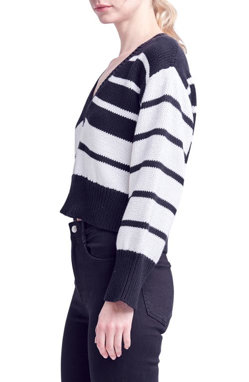 English Factory Stripe V-neck Cotton Crop Sweater In Black/white
