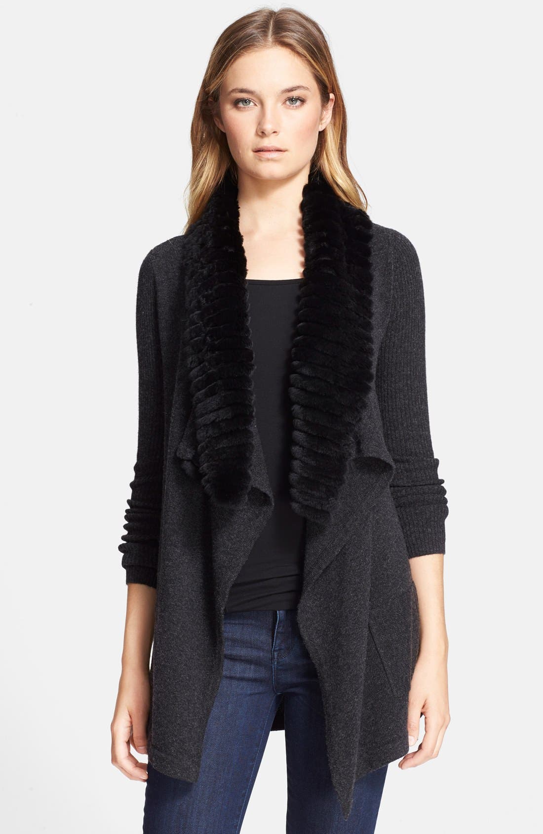 Theory 'Maritza F.' Genuine Rabbit Fur Collar Open Cardigan Nordstrom
