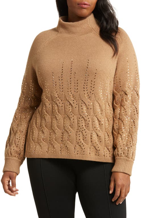 Marina Rinaldi Cable Crystal Embellished Wool Blend Mock Neck Sweater in Camel at Nordstrom, Size Medium