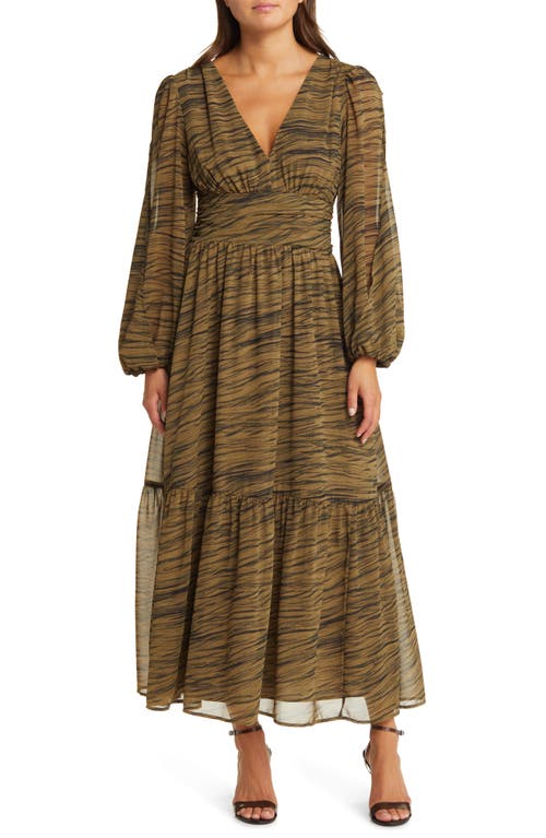 Split Long Sleeve Tiered Dress in Olive- Black Geode Stripe