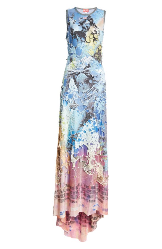 Shop Diesel D-leele Poster Print Sleeveless Destroyed Jersey Gown In Blue Multi