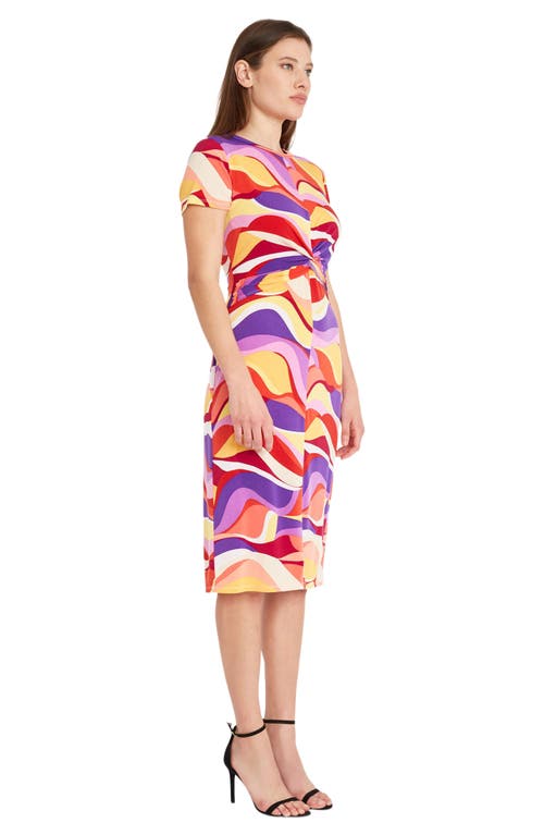 Donna Morgan For Maggy Twist Front Short Sleeve Midi Dress In Soft White/byzantium