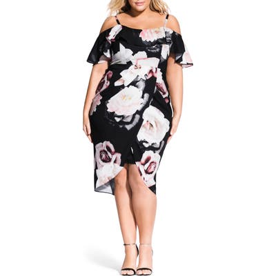 Plus Size City Chic Austin Cold Shoulder Floral Dress, Black