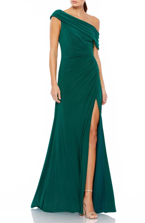 Ruched One-Shoulder Trumpet Gown in Emerald