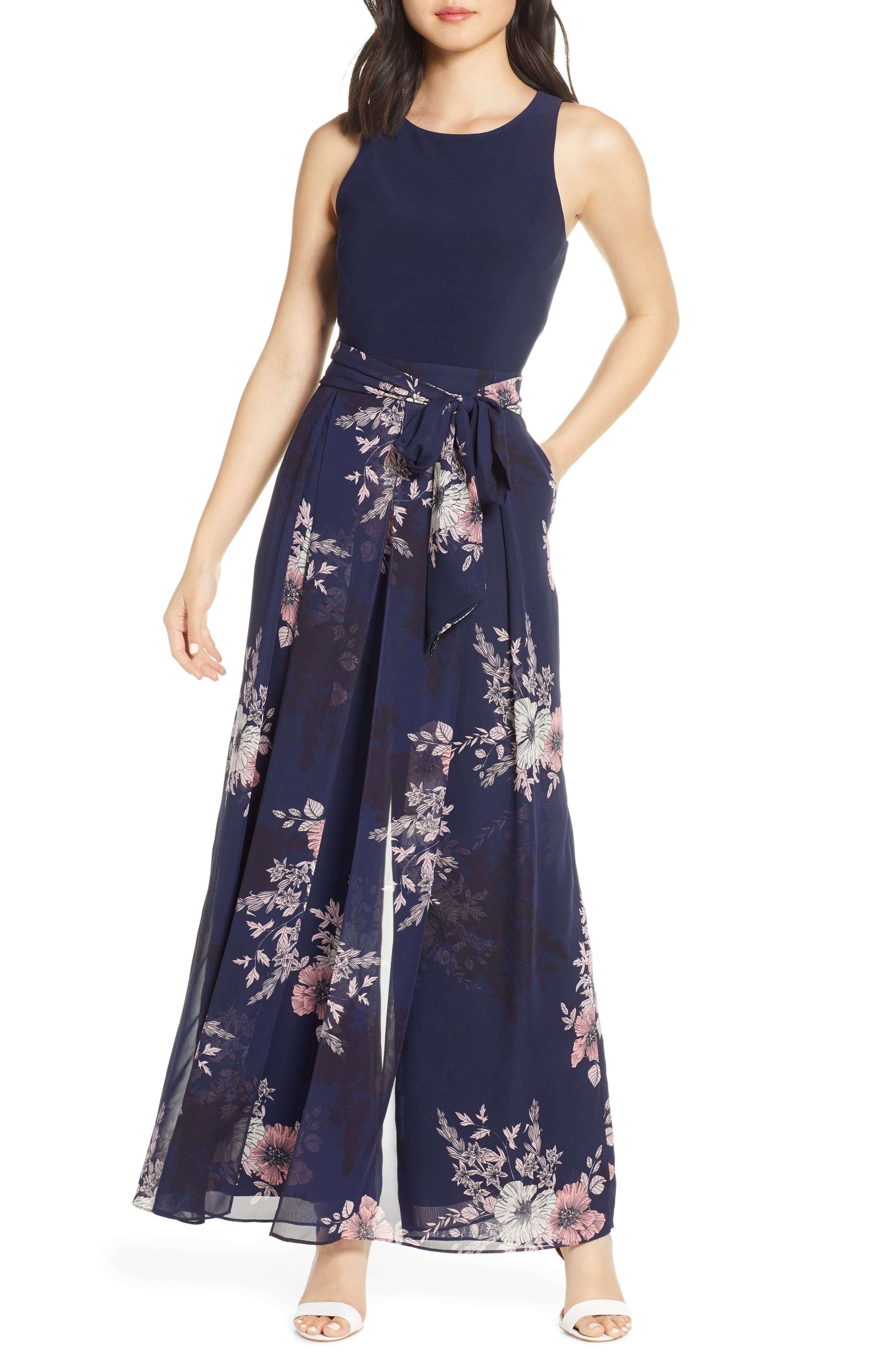 vince camuto floral detail chiffon jumpsuit