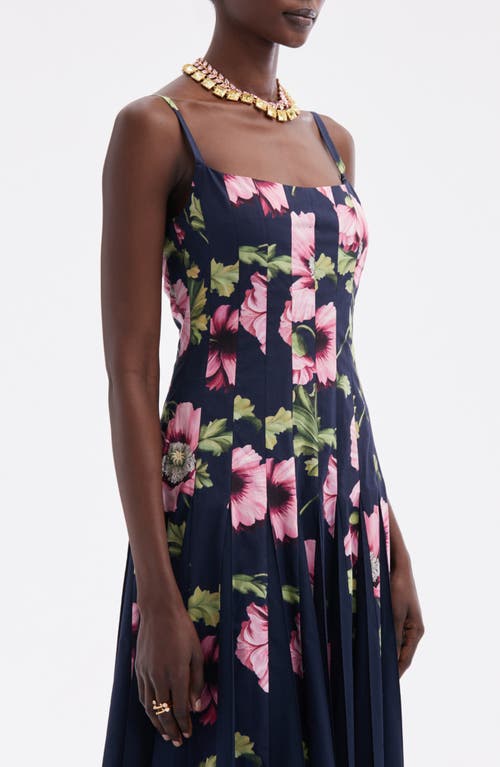 Shop Oscar De La Renta Paneled Poppy Print Midi Dress In Navy/pink