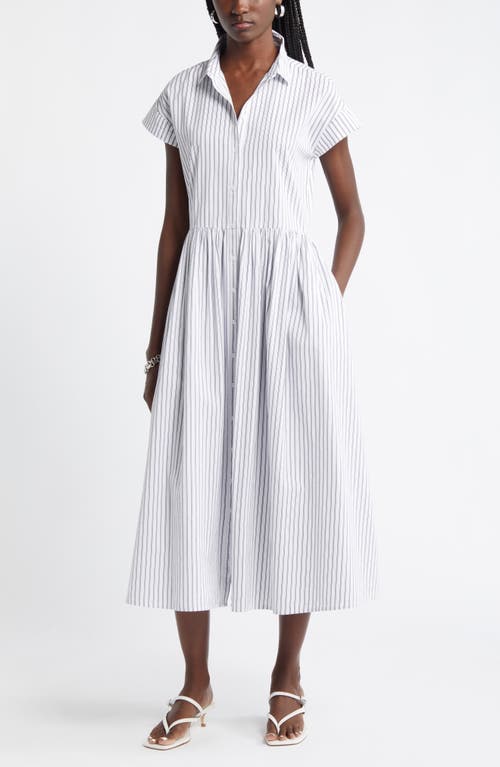 Drop Waist Button Front Cotton Midi Dress in White- Navy Blazer Jenn Stripe
