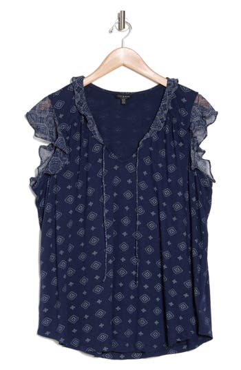 Lucky Brand Paisley Tie Neck T-shirt In Navy Multi