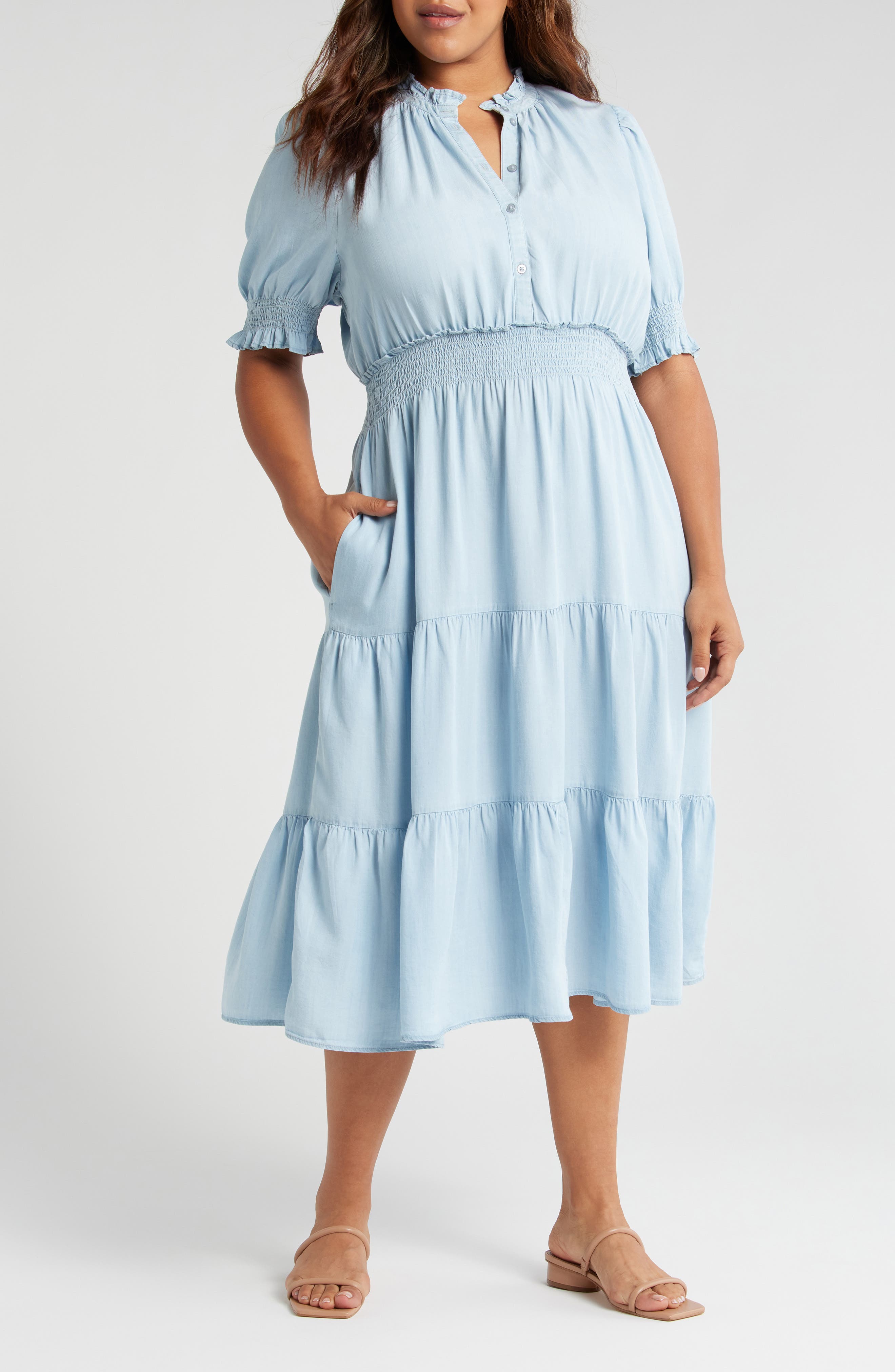 Caslon® Short Sleeve Tiered Chambray Dress | Nordstrom