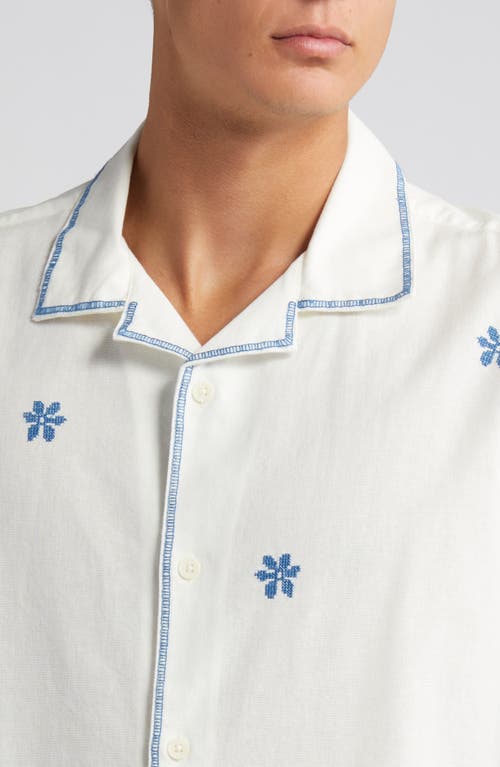 Shop Wax London Didcot Daisy Embroidered Cotton & Linen Button-up Shirt In Ecru/blue