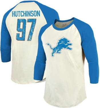 Majestic Threads Men's Majestic Threads Aidan Hutchinson Cream/Blue Detroit  Lions Vintage Player Name & Number 3/4-Sleeve Fitted T-Shirt