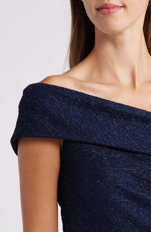 Shop Eliza J Metallic Off The Shoulder Gown In Navy