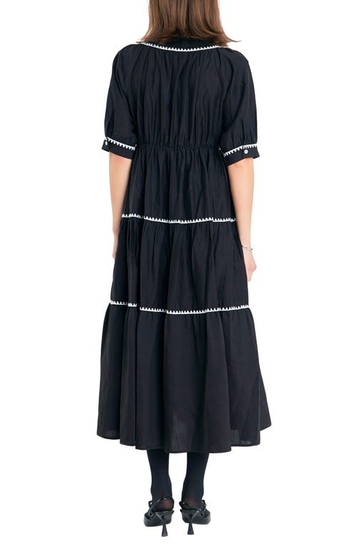 ENGLISH FACTORY ENGLISH FACTORY EMBROIDERED PUFF SLEEVE TIERED MIDI DRESS