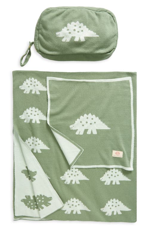 Pink Lemonade Dinosaur Organic Cotton Baby Blanket & Travel Pouch Set In Spring Green/mint