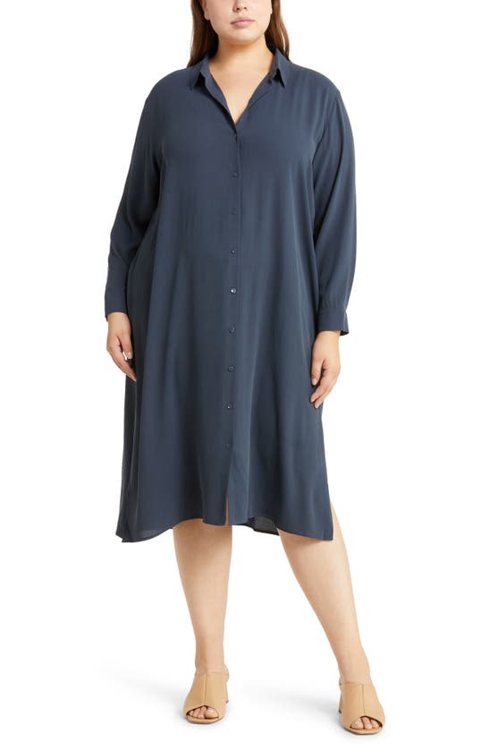 Eileen Fisher Side-slit Georgette Crepe Midi Shirtdress In Ocean