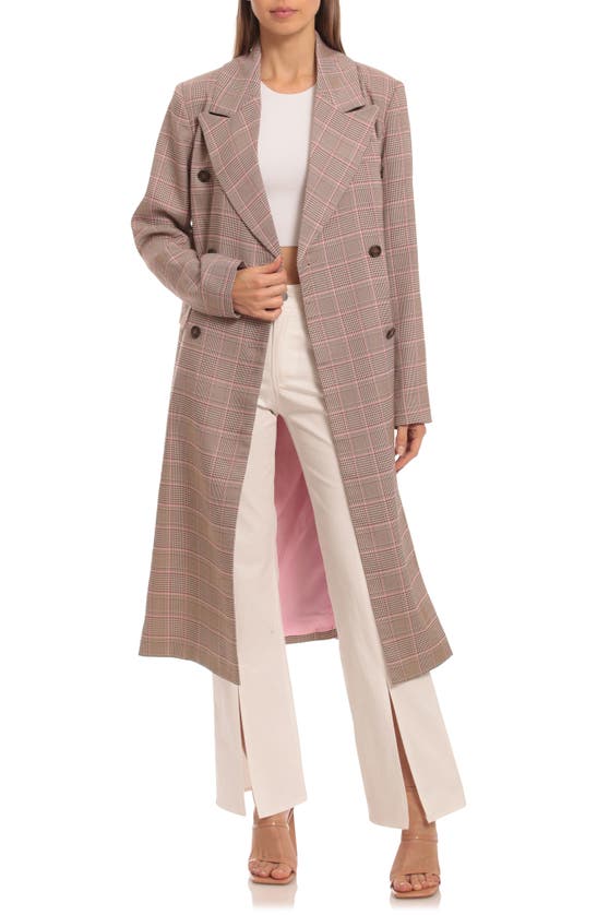 Avec Les Filles Double Breasted Coat In Brown/ Pink Glen Plaid