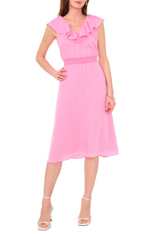 Ruffle Pinstripe Midi Dress in Hot Pink