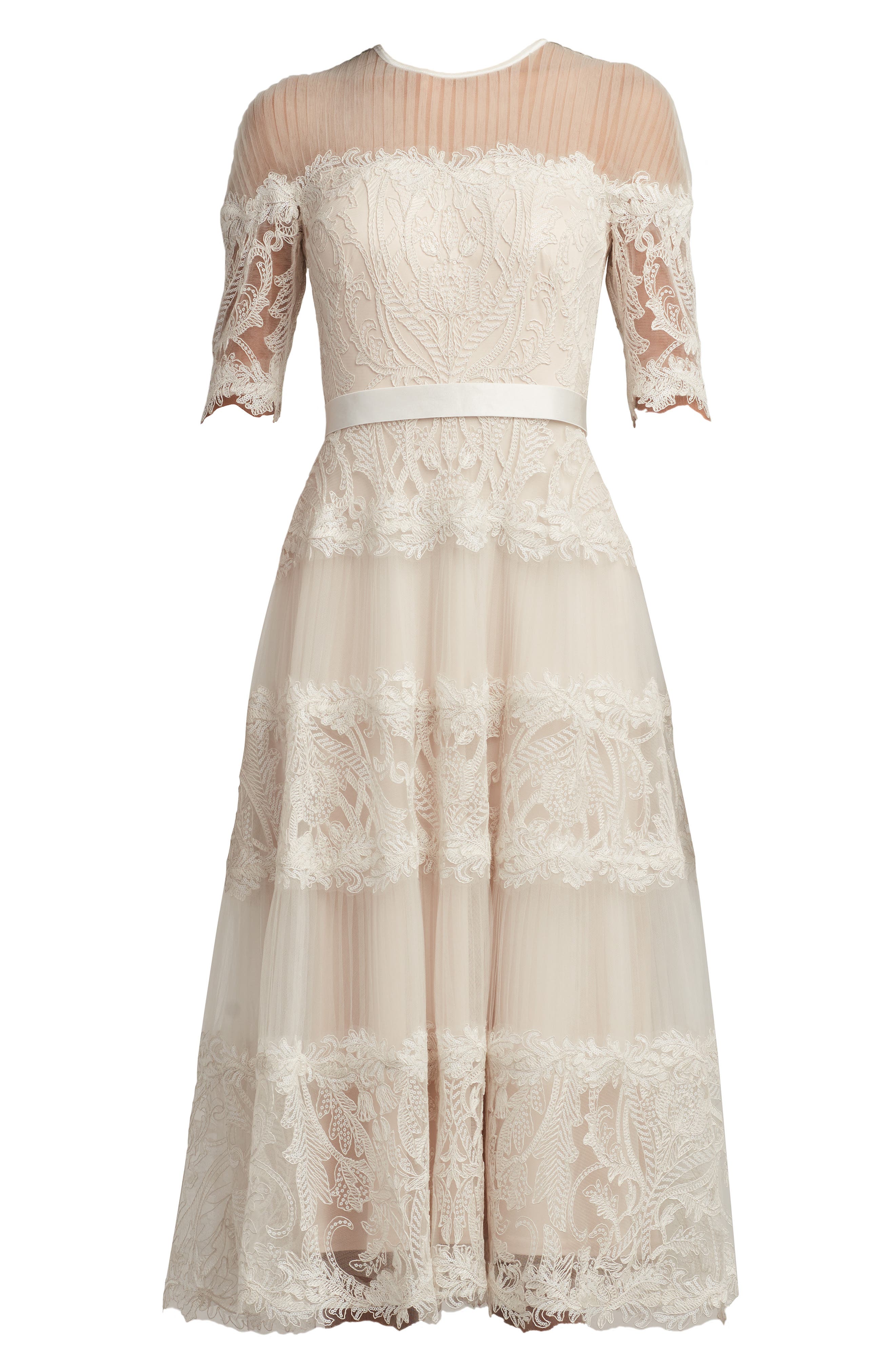 Tadashi Shoji Tiered Lace Cocktail Midi Dress in Ivory/Petal