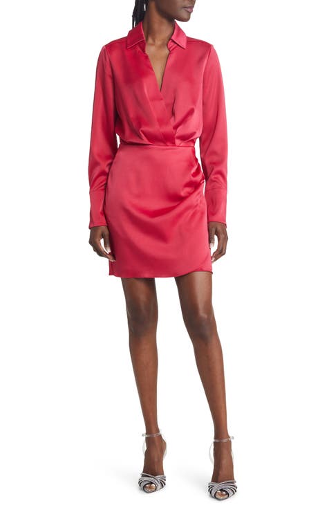 Long Sleeve Satin Faux Wrap Minidress